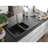 Mexen Andres granite sink 1.5-bowl with drainer and Telma kitchen faucet, black - 6515-77-670200-50-B