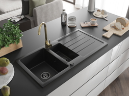 Mexen Andres granite sink 1.5-bowl with drainer and Telma kitchen faucet, black - 6515-77-670200-50-B
