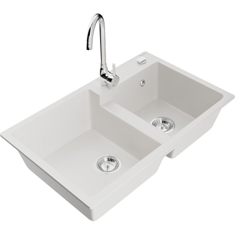 Mexen Tomas 2-bowl granite sink with Telma kitchen faucet, white - 6516-20-670200-00