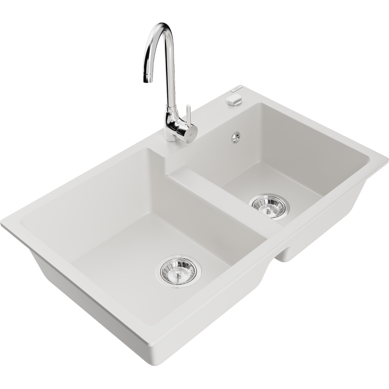Mexen Tomas 2-compartment granite sink with a kitchen mixer tap Telma, White - 6516-20-670200-00
