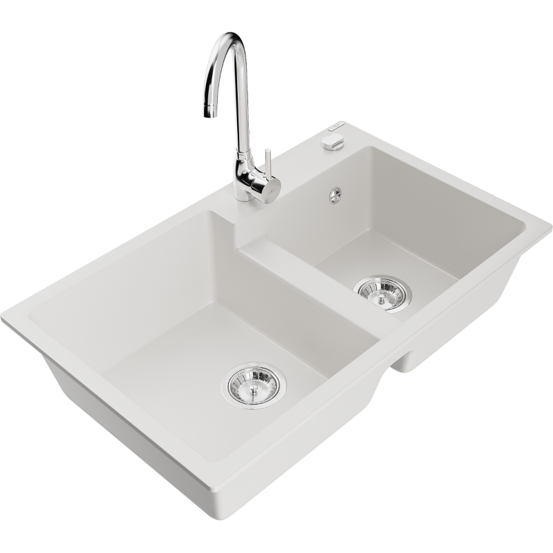 Mexen Tomas granite 2-bowl kitchen sink with Telma tap, white - 6516-20-670200-00