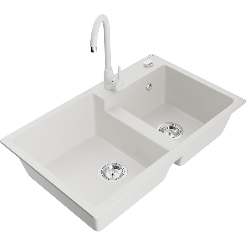 Mexen Tomas granite double-bowl kitchen sink with faucet Telma, white - 6516-20-670200-20