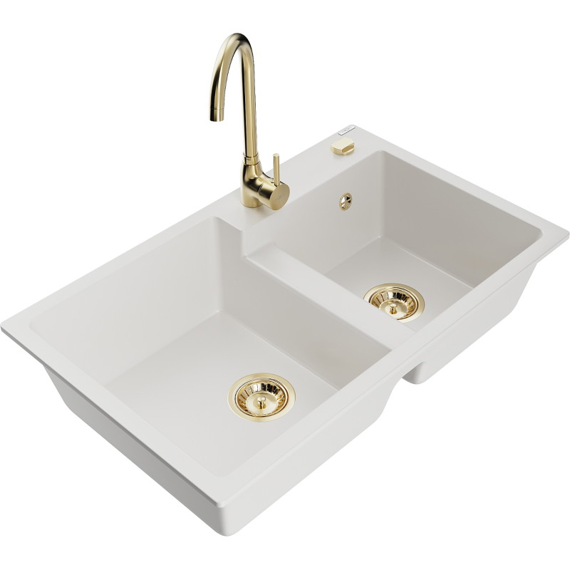 Mexen Tomas 2-bowl granite sink with Telma kitchen faucet, white - 6516-20-670200-50