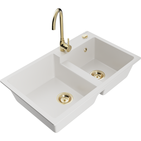 Mexen Tomas 2-compartment granite sink with a kitchen mixer tap Telma, White - 6516-20-670200-50