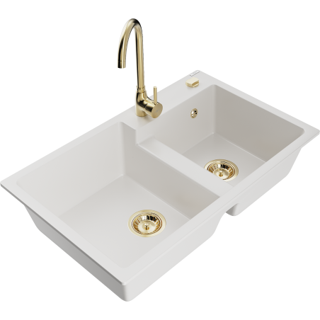 Mexen Tomas granite sink 2-bowl with Telma kitchen tap, white - 6516-20-670200-50