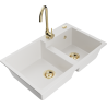 Mexen Tomas 2-bowl granite sink with Telma kitchen faucet, white - 6516-20-670200-50