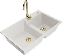 Mexen Tomas 2-bowl granite sink with Telma kitchen faucet, white - 6516-20-670200-50