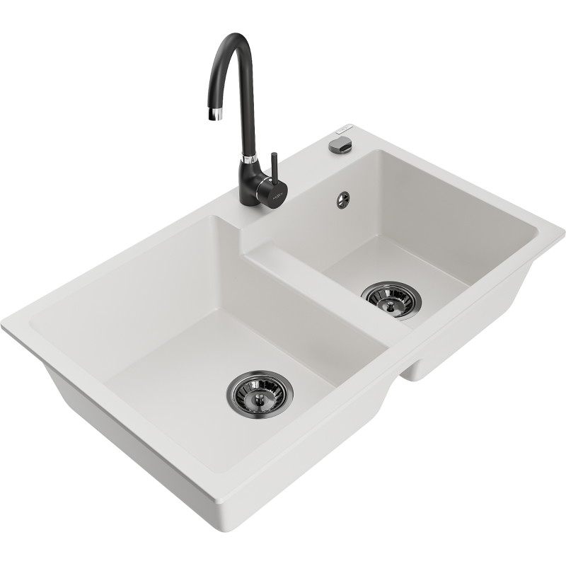 Mexen Tomas Granite Kitchen Sink with Double Basin and Telma Faucet, White - 6516-20-670200-70