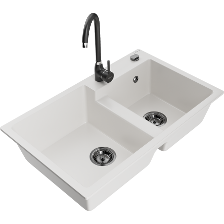Mexen Tomas granite double-bowl sink with Telma kitchen faucet, white - 6516-20-670200-70