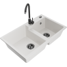 Mexen Tomas granite double-bowl sink with Telma kitchen faucet, white - 6516-20-670200-70