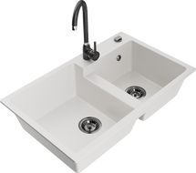 Mexen Tomas granite sink 2-bowl with Telma kitchen tap, white - 6516-20-670200-70