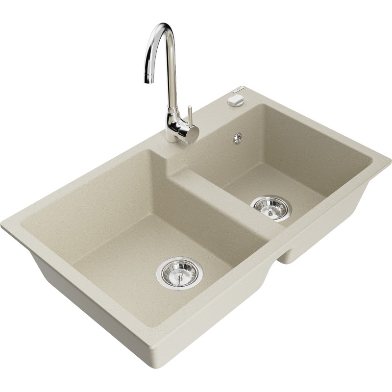Mexen Tomas 2-bowl granite sink with Telma kitchen faucet, beige - 6516-69-670200-00