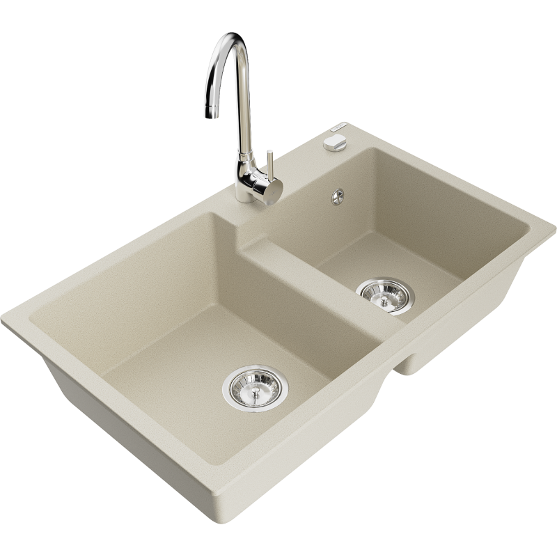 Mexen Tomas 2-compartment granite sink with a kitchen mixer tap Telma, Beige - 6516-69-670200-00