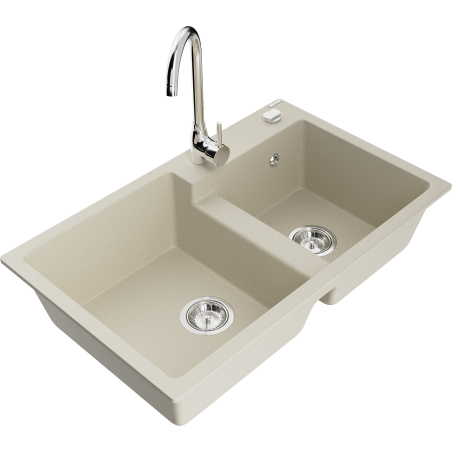 Mexen Tomas 2-bowl granite sink with Telma kitchen faucet, beige - 6516-69-670200-00