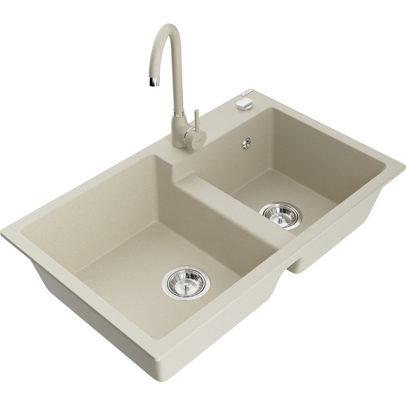 Mexen Tomas 2-bowl granite kitchen sink with Telma faucet, beige - 6516-69-670200-69