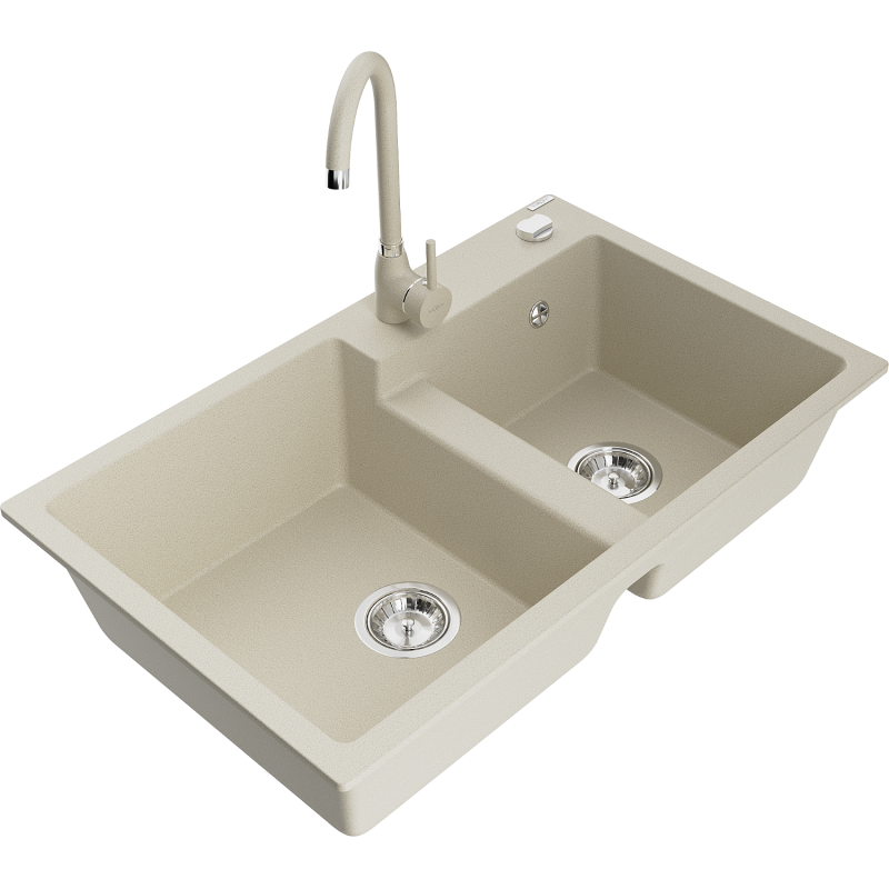 Mexen Tomas granite sink 2-bowl with Telma kitchen tap, beige - 6516-69-670200-69