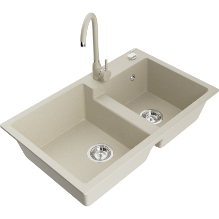 Mexen Tomas granite sink 2-bowl with Telma kitchen faucet, beige - 6516-69-670200-69