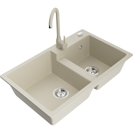 Mexen Tomas granite sink 2-bowl with Telma kitchen tap, beige - 6516-69-670200-69