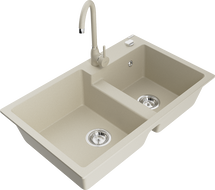 Mexen Tomas 2-bowl granite kitchen sink with Telma faucet, beige - 6516-69-670200-69
