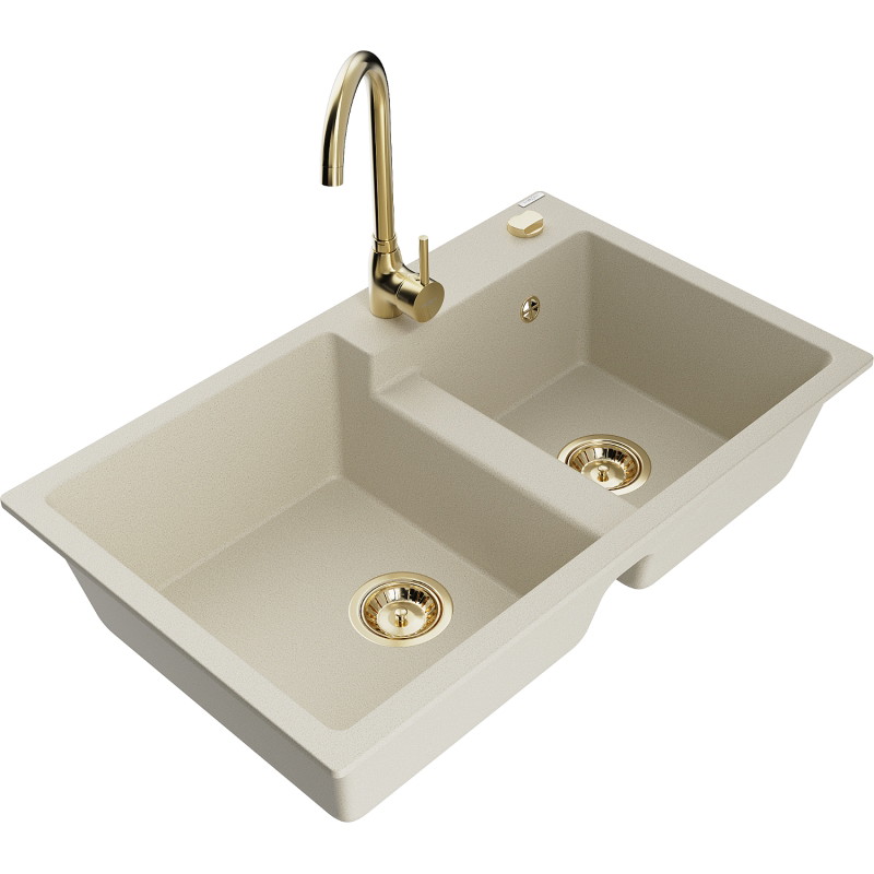 Mexen Tomas granite double-bowl sink with Telma kitchen faucet, beige - 6516-69-670200-50
