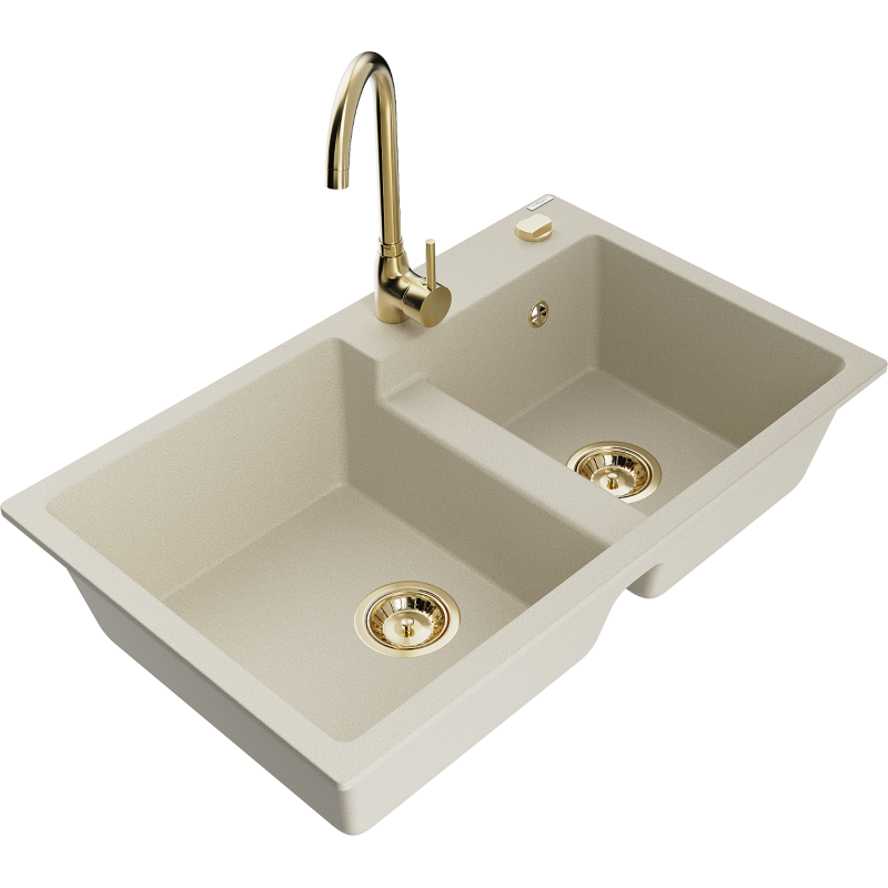 Mexen Tomas Granite Sink 2-Bowl with Telma Kitchen Tap, Beige - 6516-69-670200-50