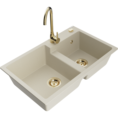Mexen Tomas granit kitchen sink 2-bowl with Telma faucet, beige - 6516-69-670200-50