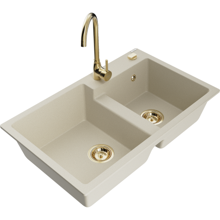 Mexen Tomas granite double-bowl sink with Telma kitchen faucet, beige - 6516-69-670200-50