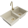 Mexen Tomas granite double-bowl sink with Telma kitchen faucet, beige - 6516-69-670200-50
