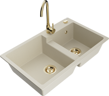 Mexen Tomas granite double-bowl sink with Telma kitchen faucet, beige - 6516-69-670200-50