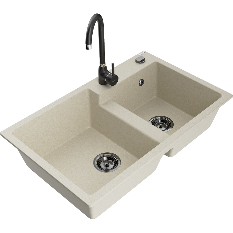 Mexen Tomas 2-compartment granite sink with a kitchen mixer tap Telma, Beige - 6516-69-670200-70