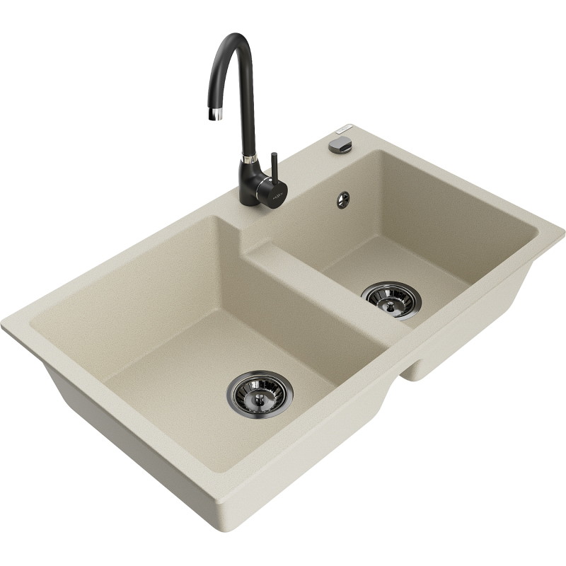 Mexen Tomas Telma 2-basin granite kitchen sink with faucet, beige - 6516-69-670200-70