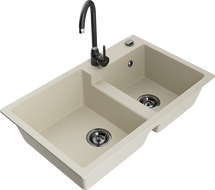 Mexen Tomas 2-bowl granite sink with Telma kitchen faucet, beige - 6516-69-670200-70