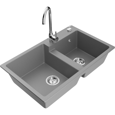 Mexen Tomas 2-bowl granite sink with Telma kitchen faucet, gray - 6516-71-670200-00