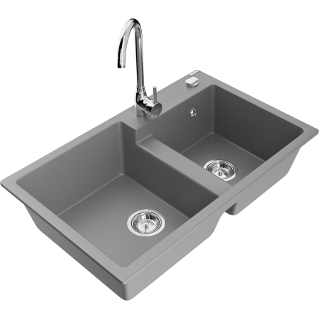 Mexen Tomas granite double-bowl sink with Telma kitchen faucet, gray - 6516-71-670200-00