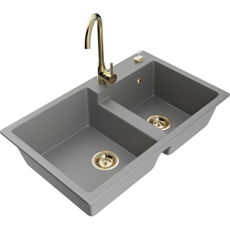 Mexen Tomas 2-chamber granite sink with Telma kitchen faucet, gray - 6516-71-670200-50