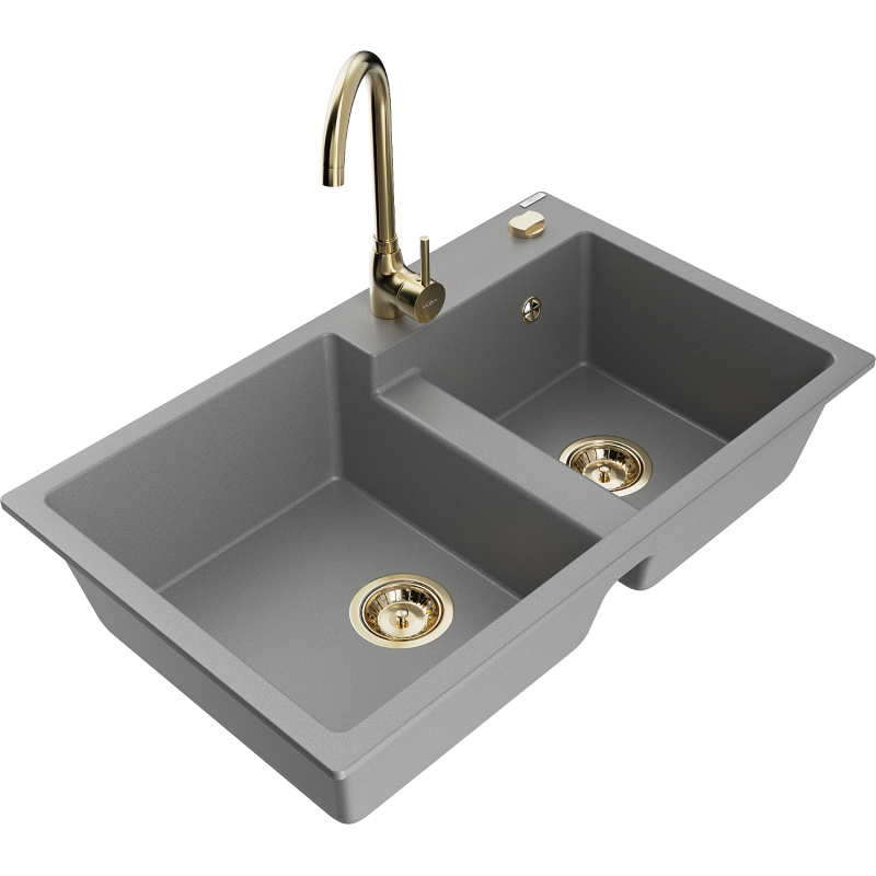Mexen Tomas 2-compartment granite sink with a kitchen mixer tap Telma, Grey - 6516-71-670200-50