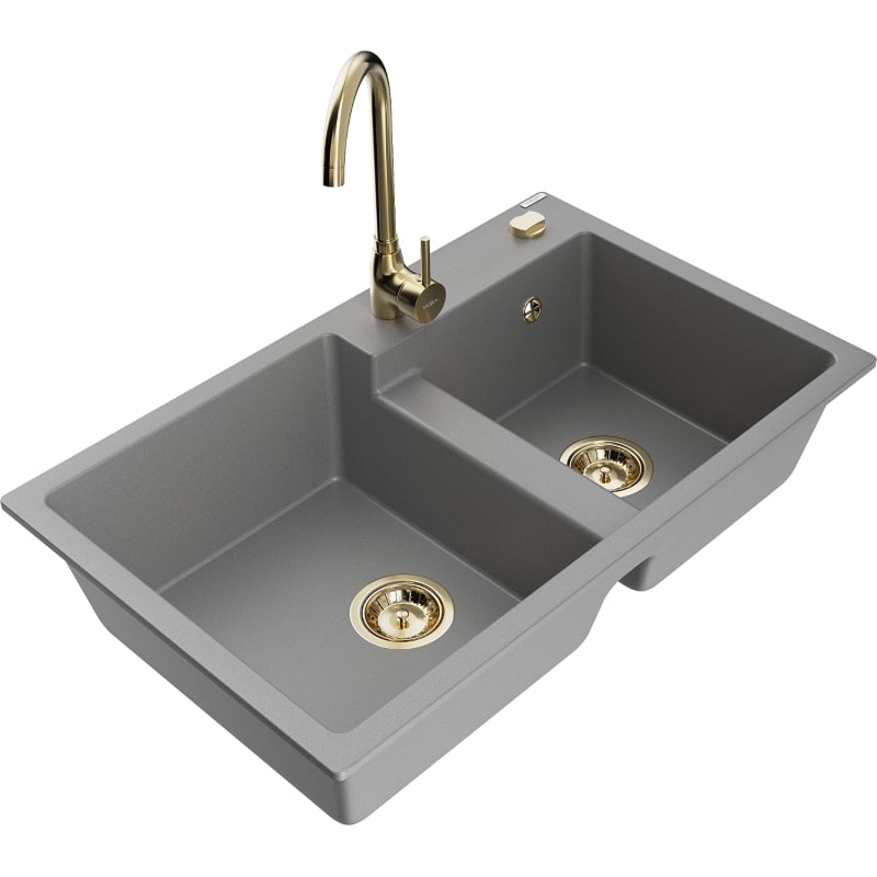 Mexen Tomas granite double-bowl kitchen sink with Telma faucet, gray - 6516-71-670200-50