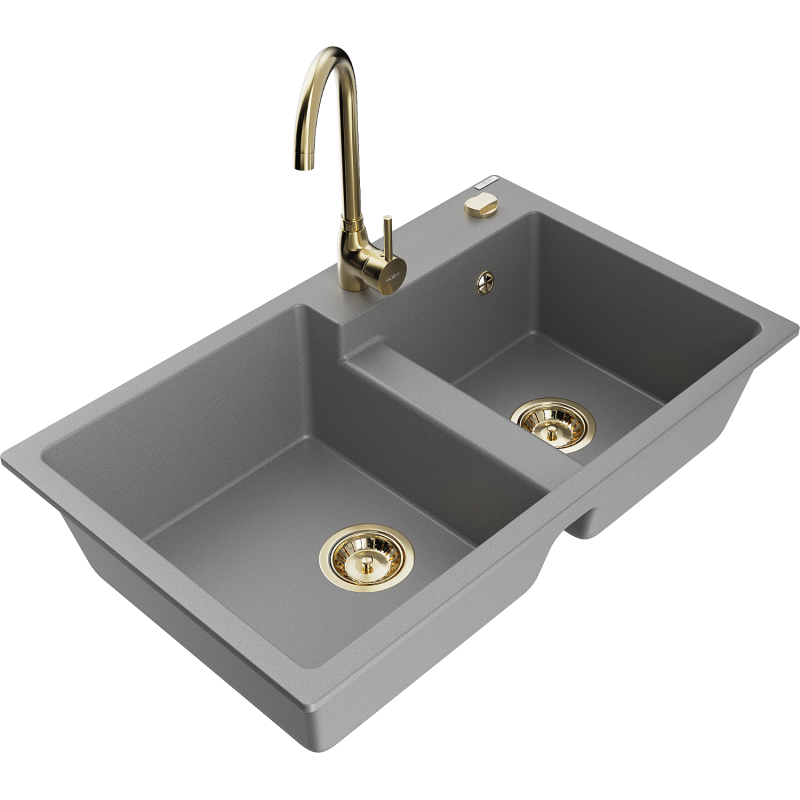 Mexen Tomas granite kitchen sink 2-bowl with Telma kitchen tap, grey - 6516-71-670200-50