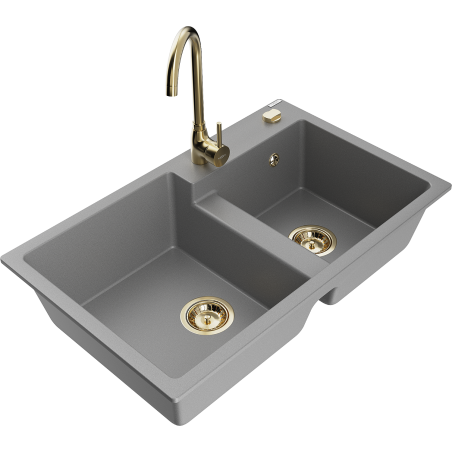 Mexen Tomas 2-compartment granite sink with a kitchen mixer tap Telma, Grey - 6516-71-670200-50