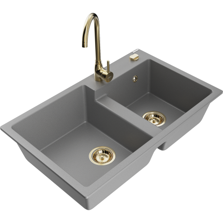 Mexen Tomas granite double-bowl kitchen sink with Telma faucet, gray - 6516-71-670200-50