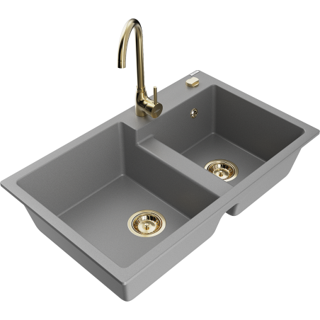 Mexen Tomas granite kitchen sink 2-bowl with Telma kitchen tap, grey - 6516-71-670200-50