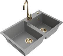 Mexen Tomas granite double-bowl kitchen sink with Telma faucet, gray - 6516-71-670200-50