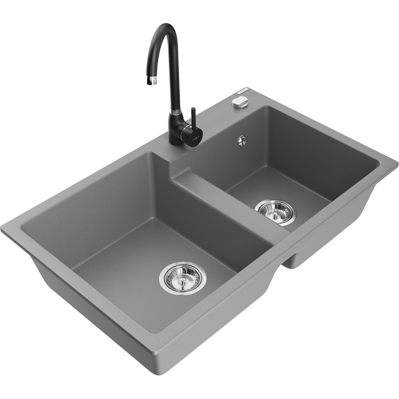 Mexen Tomas granite sink 2-bowl with Telma kitchen tap, grey - 6516-71-670200-70