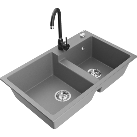 Mexen Tomas 2-chamber granite sink with Telma kitchen faucet, gray - 6516-71-670200-70