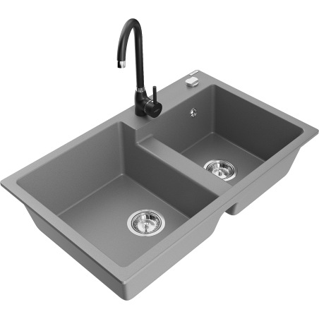 Mexen Tomas granite sink 2-bowl with Telma kitchen tap, grey - 6516-71-670200-70
