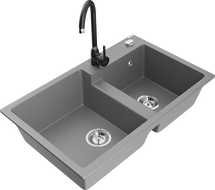 Mexen Tomas granite double sink with Telma kitchen faucet, gray - 6516-71-670200-70