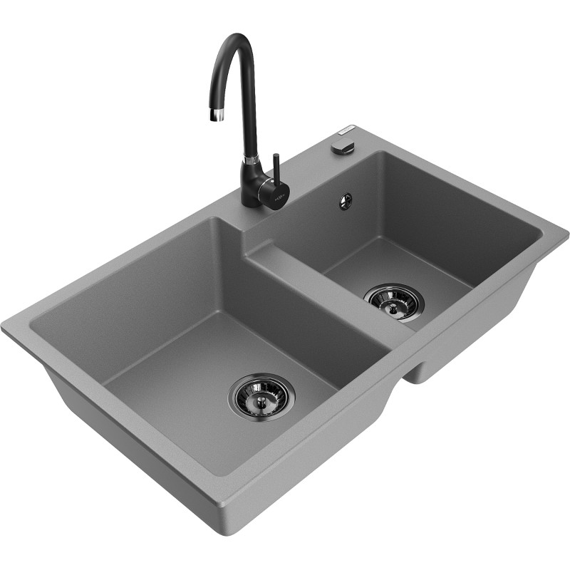 Mexen Tomas 2-bowl granite sink with Telma kitchen faucet, gray - 6516-71-670200-70-B