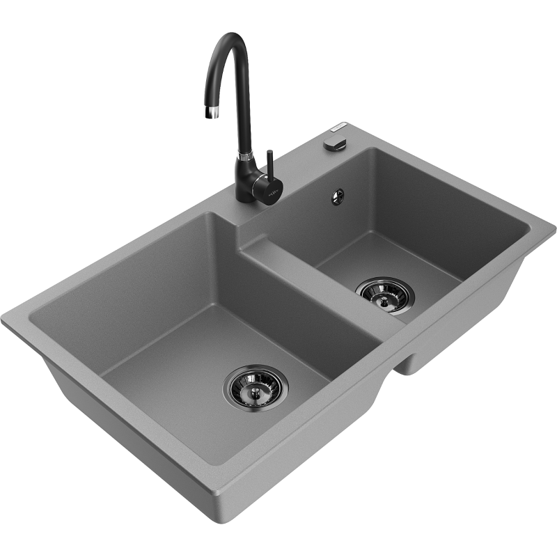 Mexen Tomas granite sink 2-bowl with Telma kitchen tap, grey - 6516-71-670200-70-B