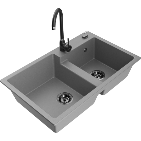 Mexen Tomas 2-bowl granite sink with Telma kitchen faucet, gray - 6516-71-670200-70-B