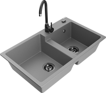 Mexen Tomas granite 2-bowl kitchen sink with faucet Telma, gray - 6516-71-670200-70-B